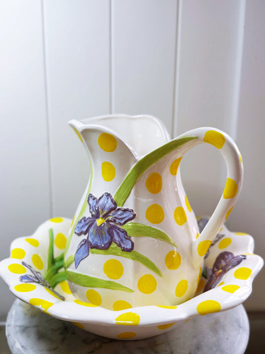 Iris + Yellow polka dot Washbowl & Pitcher set