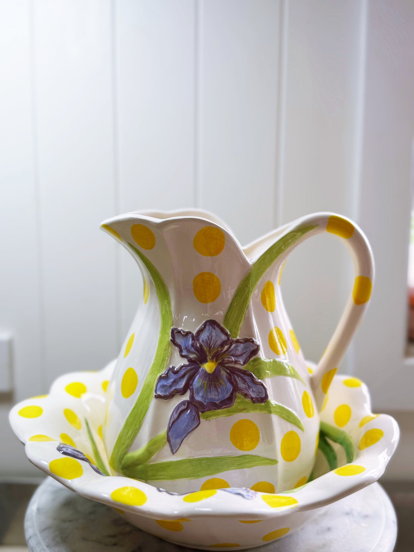 Iris + Yellow polka dot Washbowl & Pitcher set