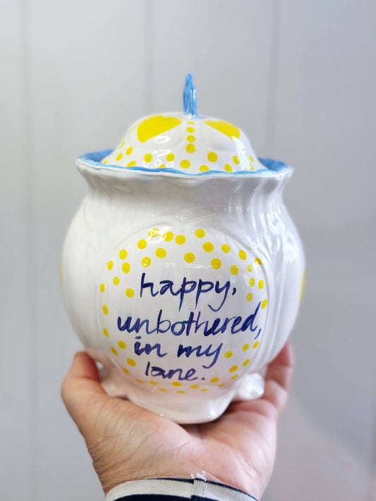 “Happy, unbothered, in my lane“ lidded jar