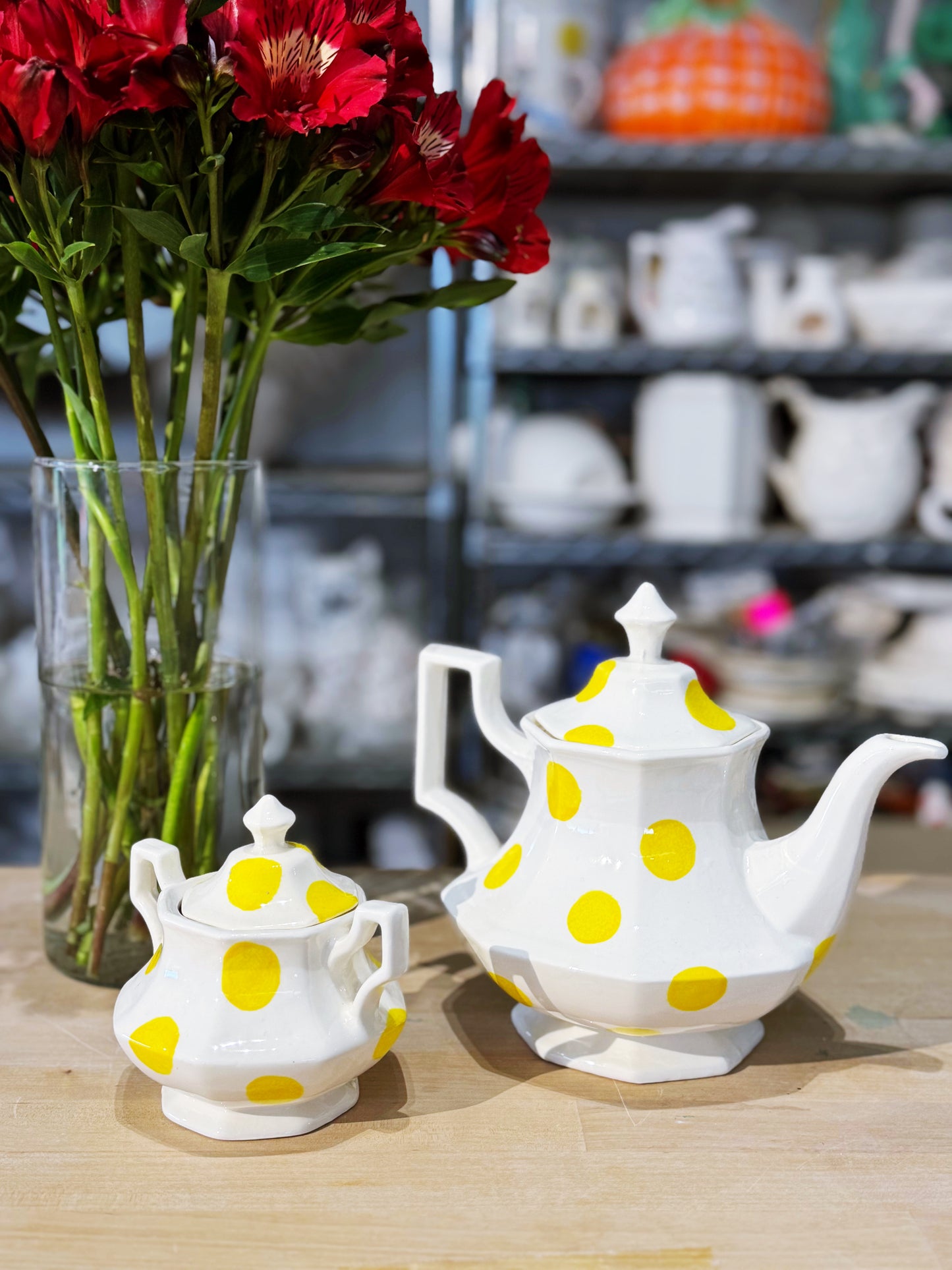 Yellow Polka dot teapot + Sugar pot matching set