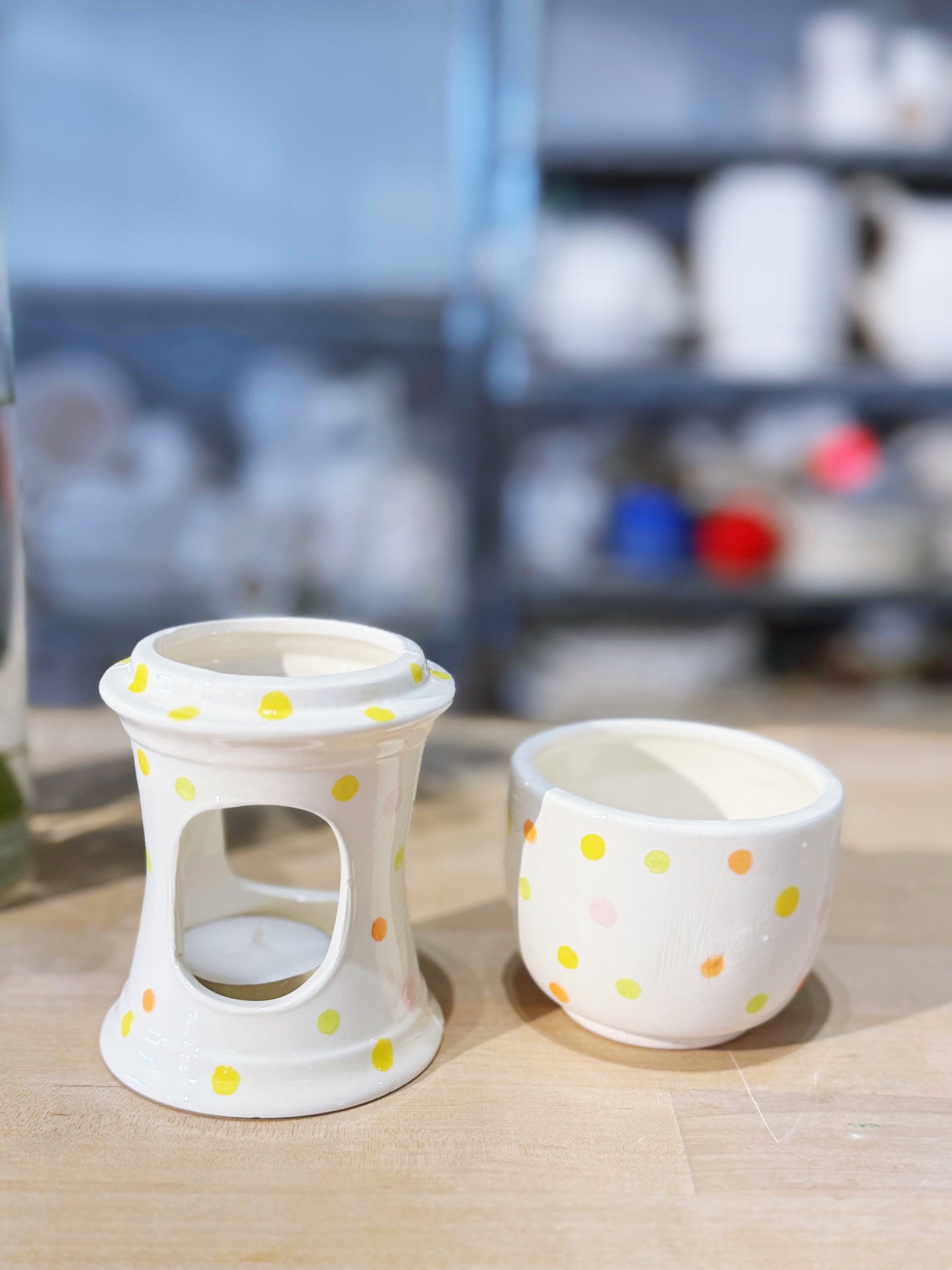 Multi-coloured polka dot  two piece oil burner