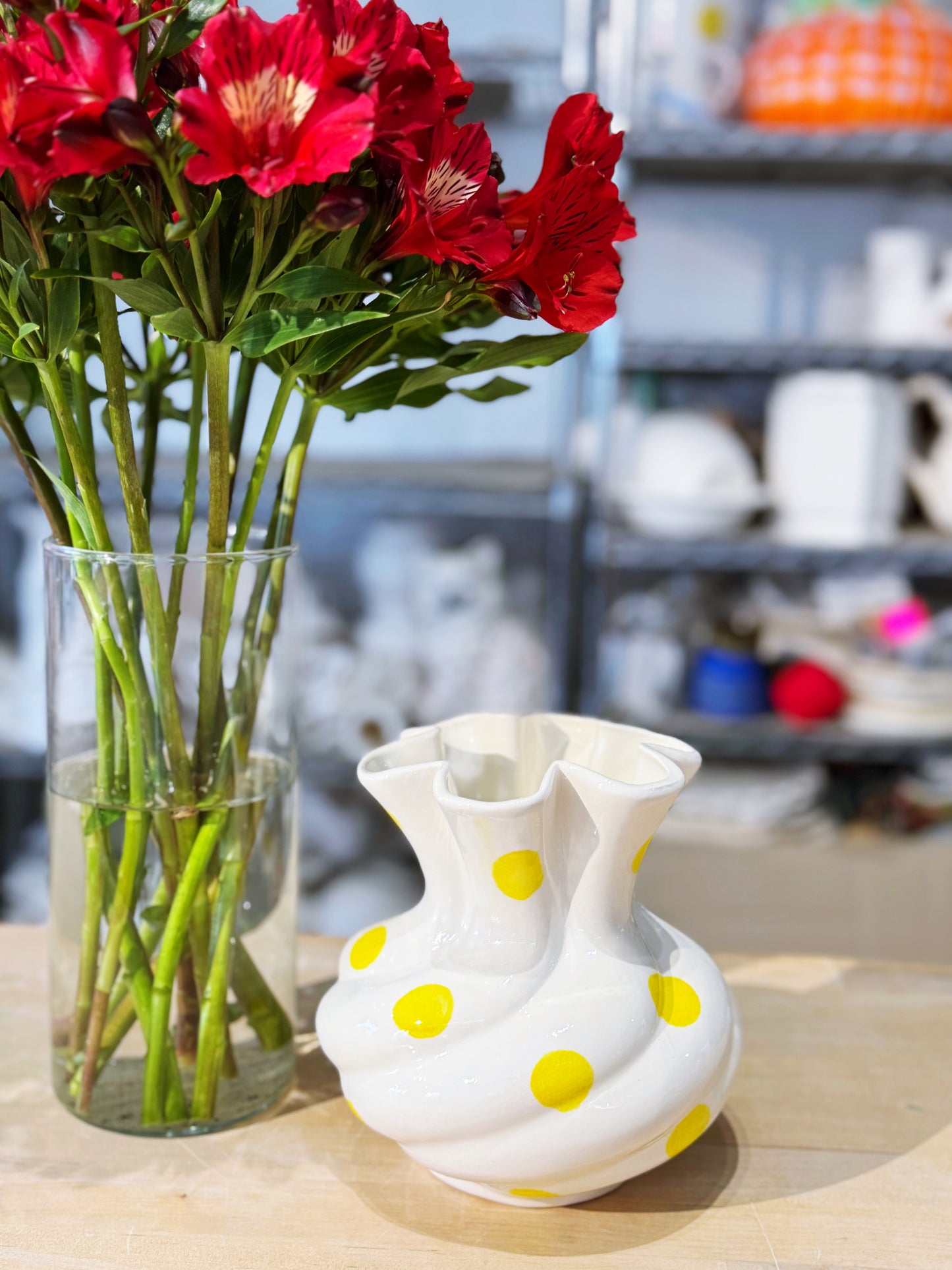 Fluted yellow polka dot vase