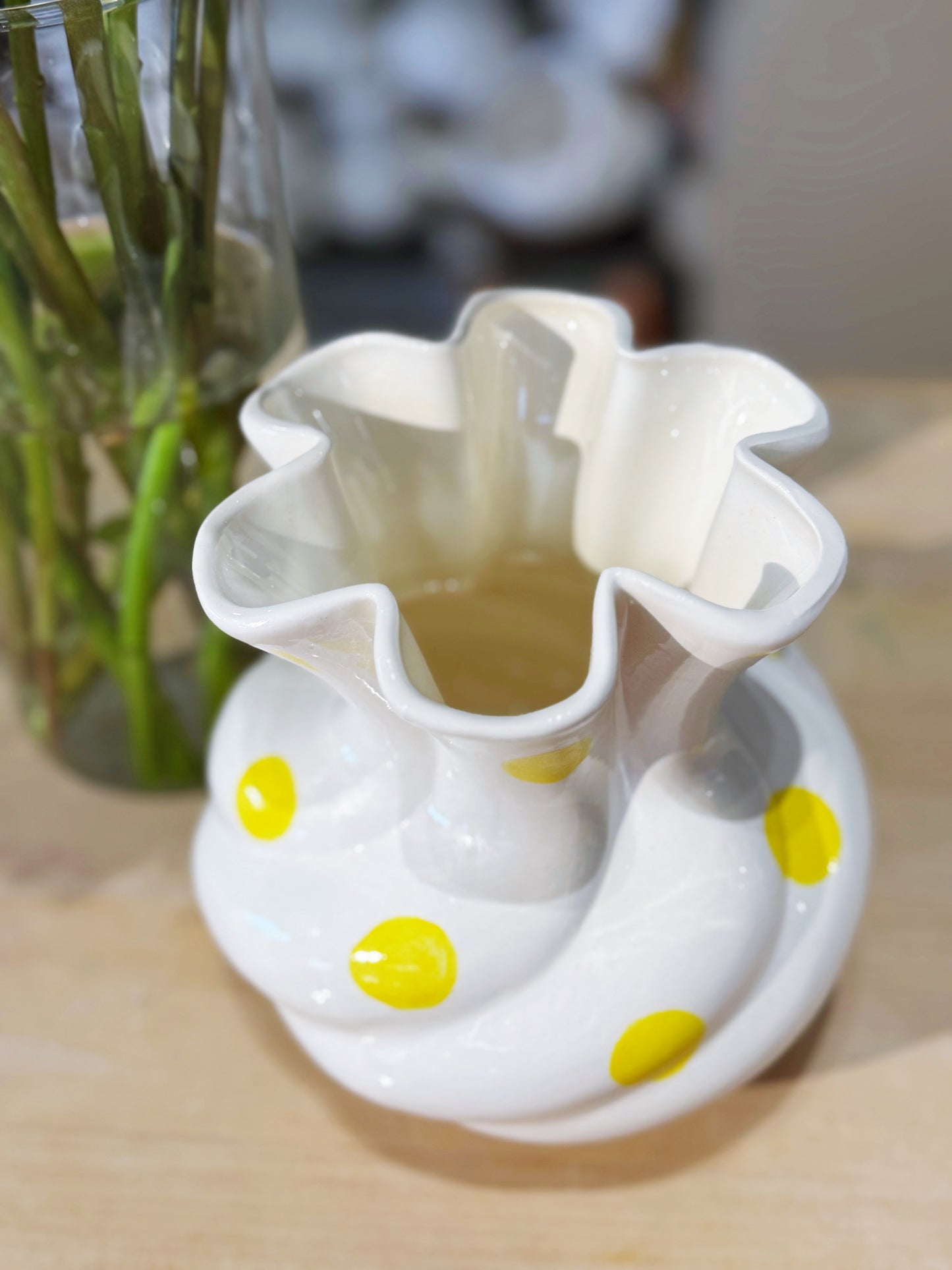 Fluted yellow polka dot vase