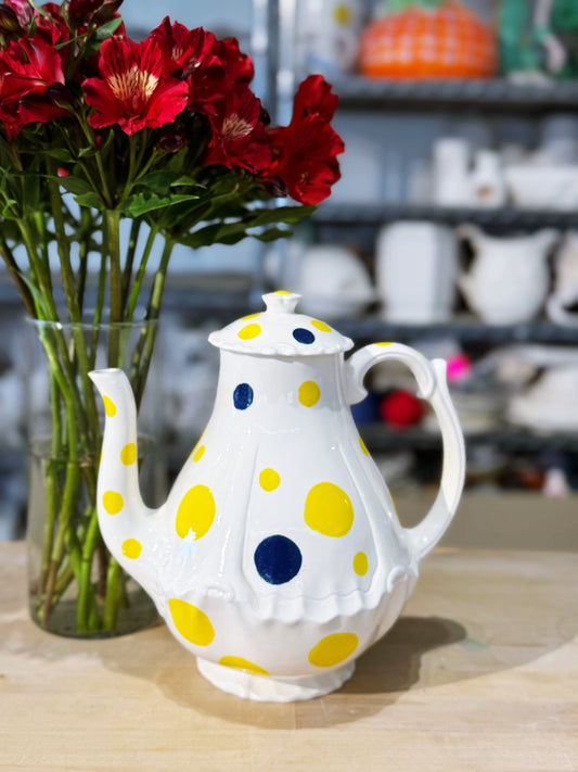 Extra large Yellow and Blue polka dot Tea/Coffee pot