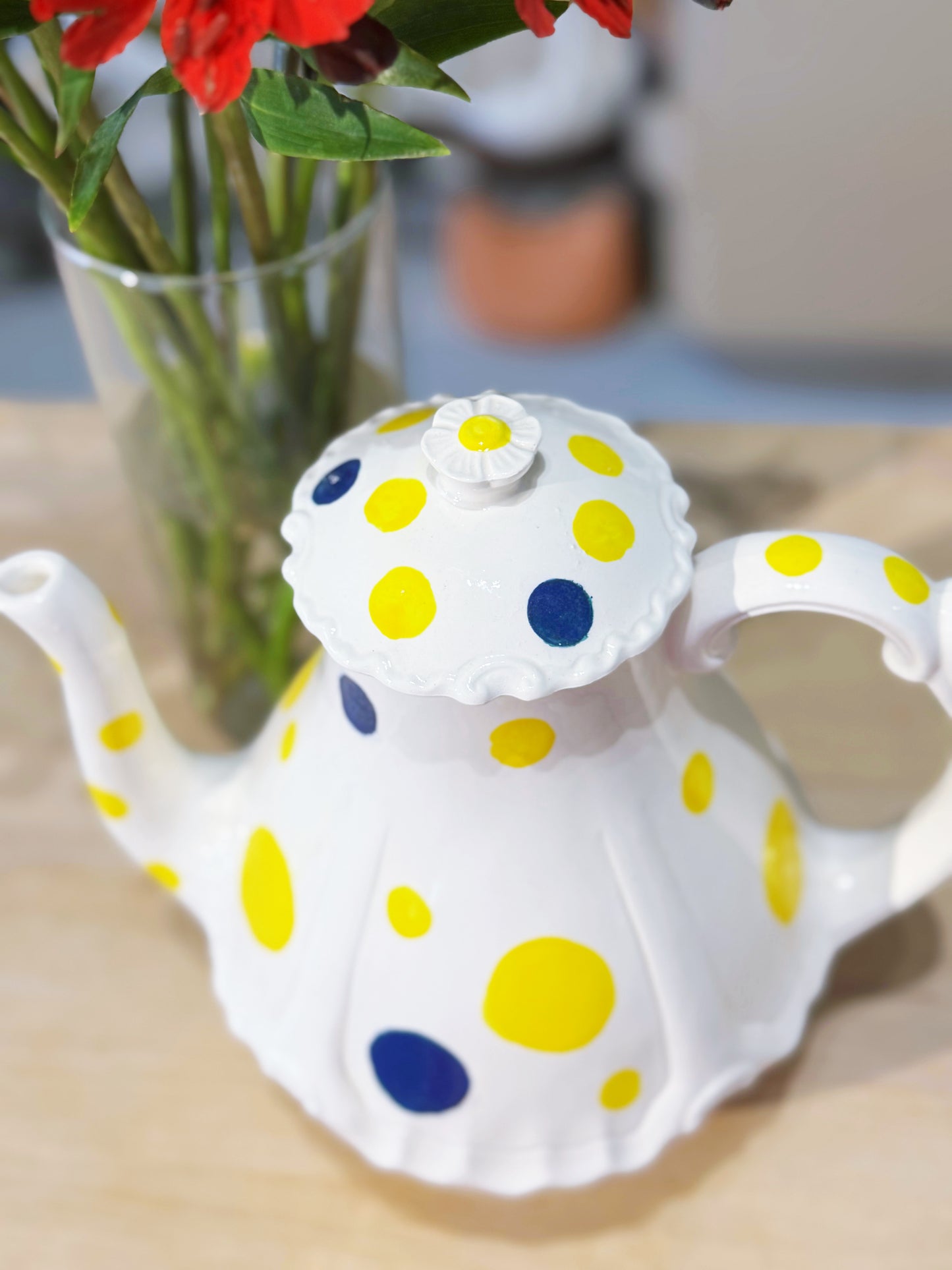 Extra large Yellow and Blue polka dot Tea/Coffee pot